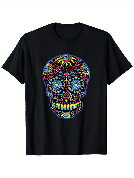 Men's Graphic T-Shirt Colorful Ornamental Flowers Swirling Around Sugar Skull
