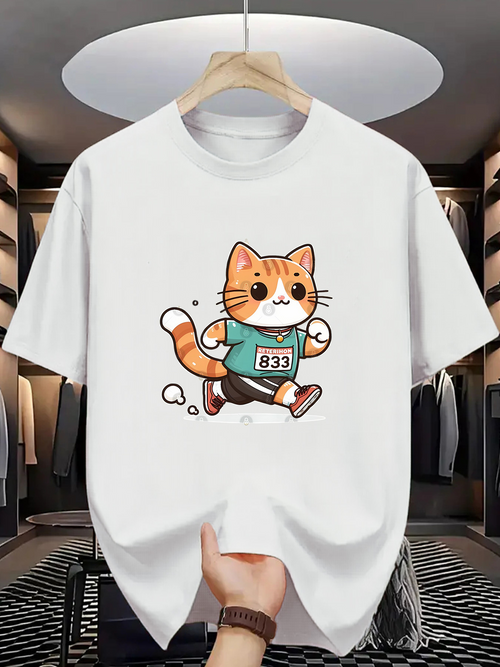 Men's Graphic T-Shirt Energetic Cartoon Running Cat With Number Tag