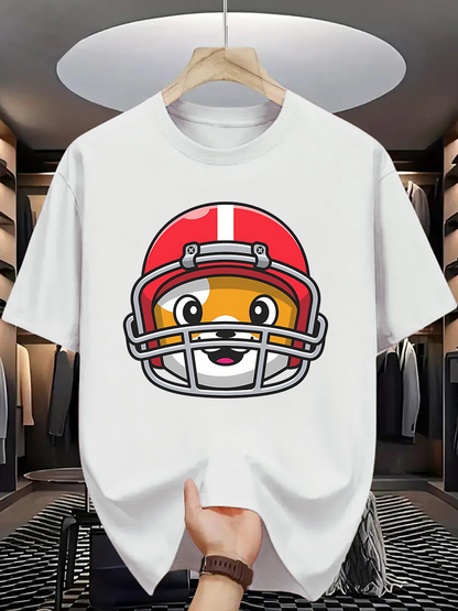 Men's Graphic T-Shirt Playful Cartoon Wearing Red Sports Helmet Dog