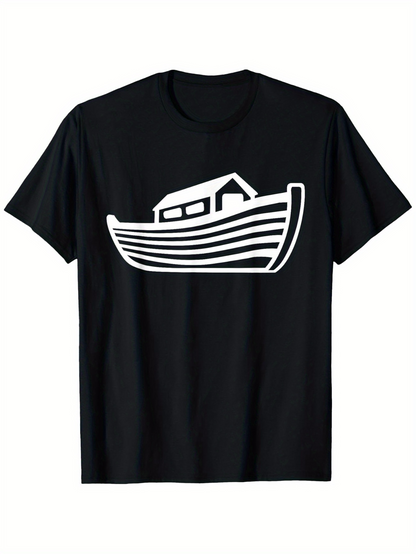 Men's Graphic T-Shirt Minimalist White Lined Ancient Wooden Boat Silhouette With Cabin Design Boat