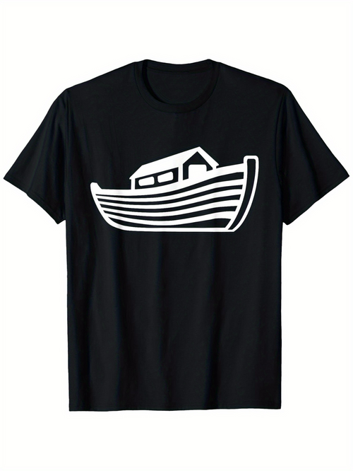 Men's Graphic T-Shirt Minimalist White Lined Ancient Wooden Boat Silhouette With Cabin Design Boat