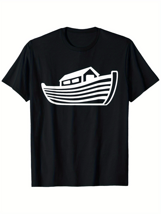 Men's Graphic T-Shirt Minimalist White Lined Ancient Wooden Boat Silhouette With Cabin Design Boat