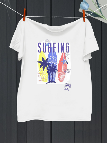 Men's Graphic T-Shirt Surfing Beach Vibes With Palm Tree Sunset And Surfboards