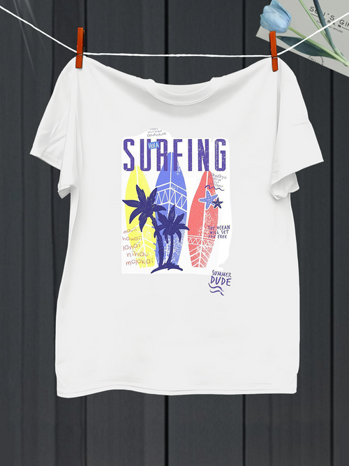 Men's Graphic T-Shirt Surfing Beach Vibes With Palm Tree Sunset And Surfboards