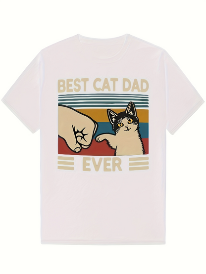 Men's Graphic T-Shirt Best Cat Dad Ever Retro Stripe Pattern With Fist Bump And Cat Graphic