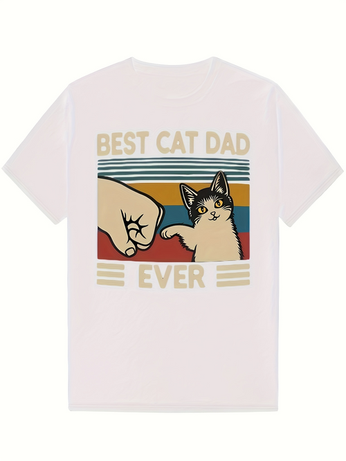Men's Graphic T-Shirt Best Cat Dad Ever Retro Stripe Pattern With Fist Bump And Cat Graphic