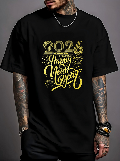 Men's Graphic T-Shirt 2026 Happy New Year Fireworks Sparkling With Festive Gold Lettering Celebration T Shirt