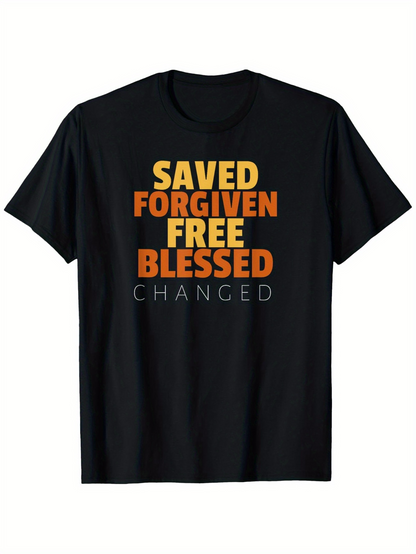 Men's Graphic T-Shirt Saved Forgiven Free Blessed Changed Color Block Lettering On Classic Tee