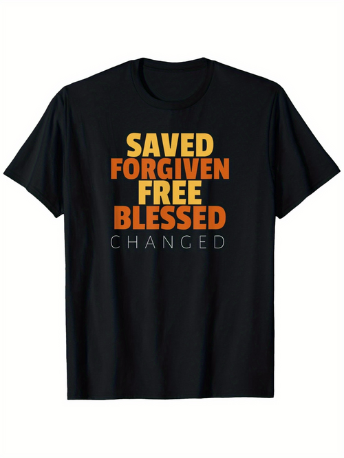 Men's Graphic T-Shirt Saved Forgiven Free Blessed Changed Color Block Lettering On Classic Tee