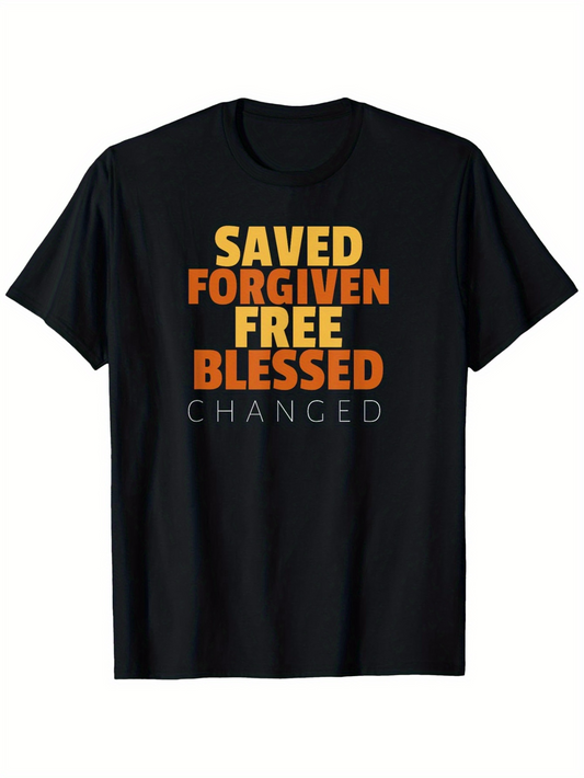 Men's Graphic T-Shirt Saved Forgiven Free Blessed Changed Color Block Lettering On Classic Tee