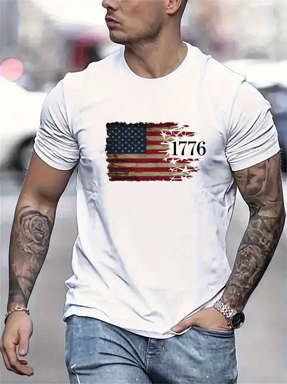 Men's Graphic T-Shirt Distressed Vintage Style Stars And Stripes Flag With Bold 1776 Number