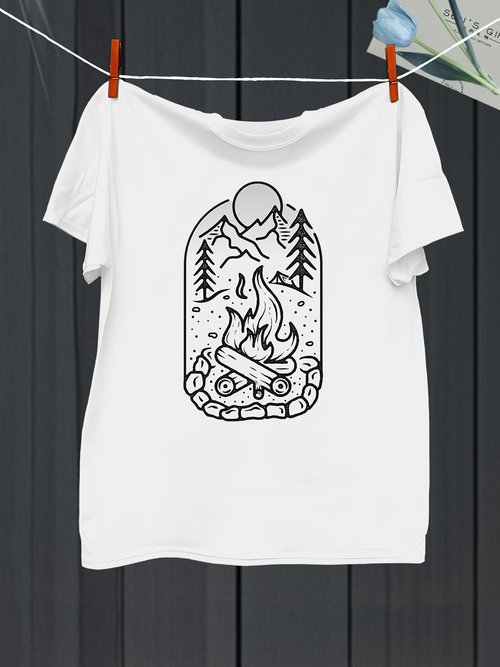 Men's Graphic T-Shirt Majestic Mountain Landscape With Campfire Under The Full Moon Night Sky