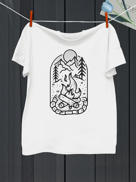 Men's Graphic T-Shirt Majestic Mountain Landscape With Campfire Under The Full Moon Night Sky