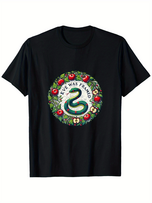 Men's Graphic T-Shirt Eve Was Framed Coiled Serpent Surrounded By Lush Green Leaves And Red Apples Snake