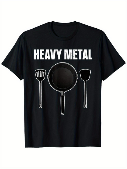 Men's Graphic T-Shirt Heavy Metal With Frying Pan And Kitchen Utensils On Black T Shirt