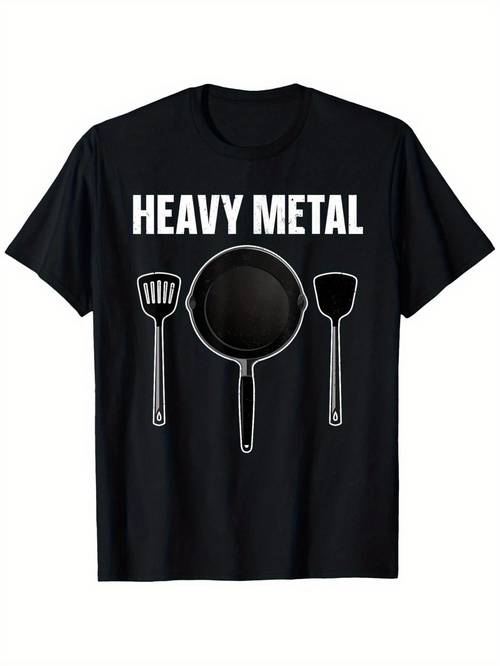 Men's Graphic T-Shirt Heavy Metal With Frying Pan And Kitchen Utensils On Black T Shirt