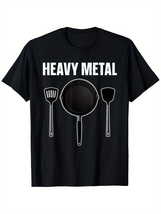 Men's Graphic T-Shirt Heavy Metal With Frying Pan And Kitchen Utensils On Black T Shirt