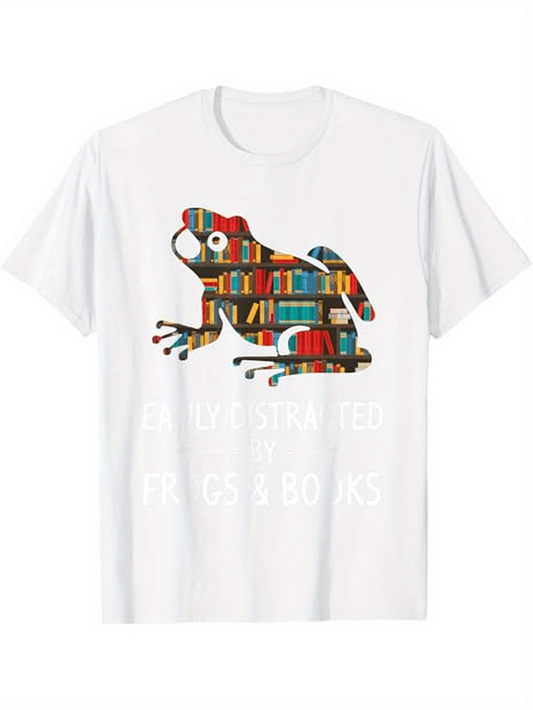 Men's Graphic T-Shirt Colorful Library Shelves With Stacked Books Forming A Frog Silhouette