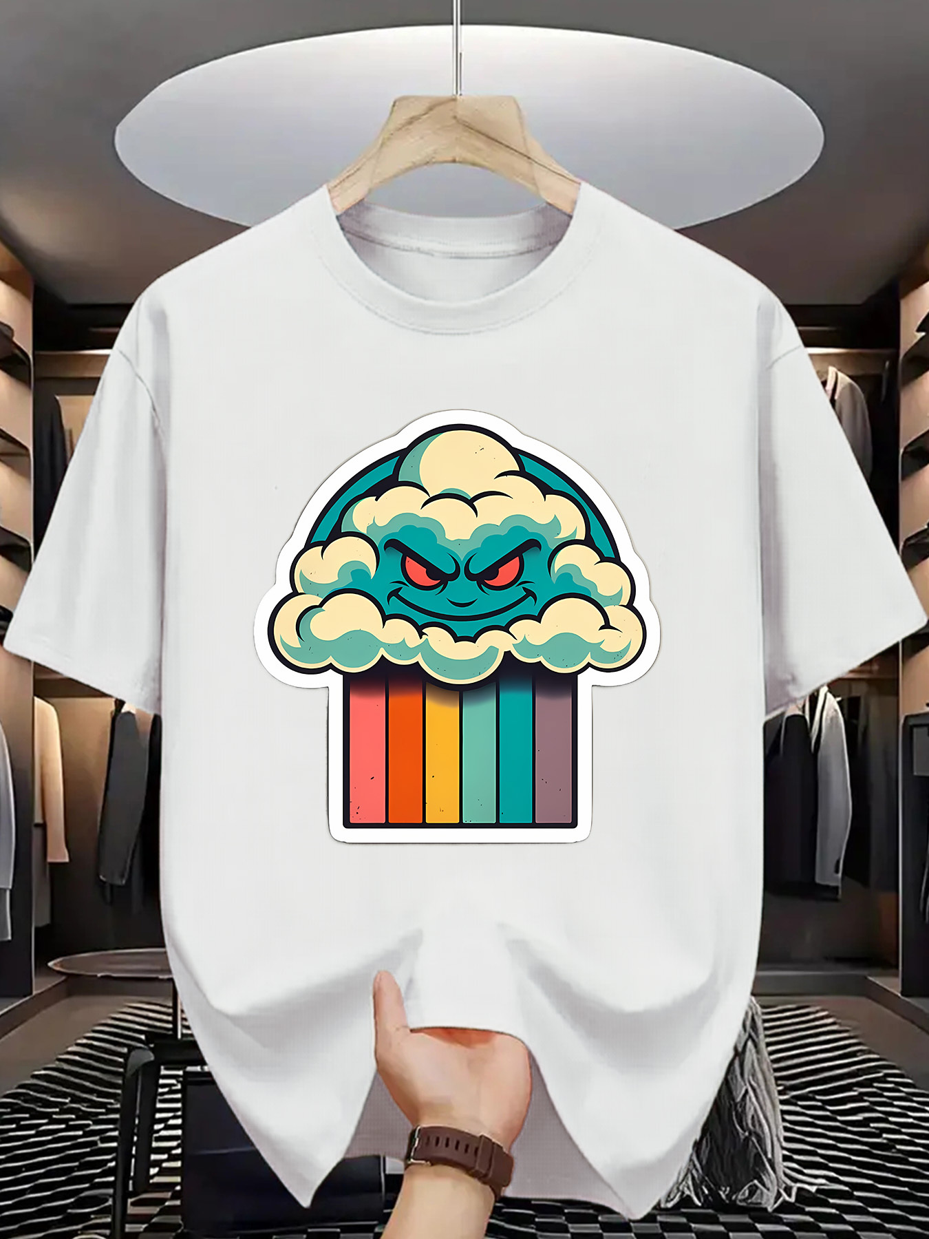 Men's Graphic T-Shirt Evil Cloud With Rainbow Stripes Over Stormy Cupcake