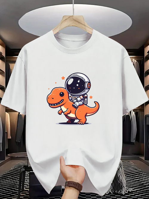 Men's Graphic T-Shirt Playful Orange Dinosaur Wearing Cute Astronaut Helmet Walking Under Stars Dinosaur