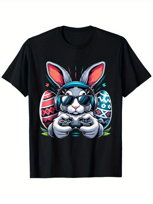 Men's Graphic T-Shirt Cool Bunny With Headphones Playing Games Among Easter Eggs