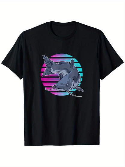 Men's Graphic T-Shirt Retro Neon Lines With Jumping Catfish Over Blue Violet Sunset