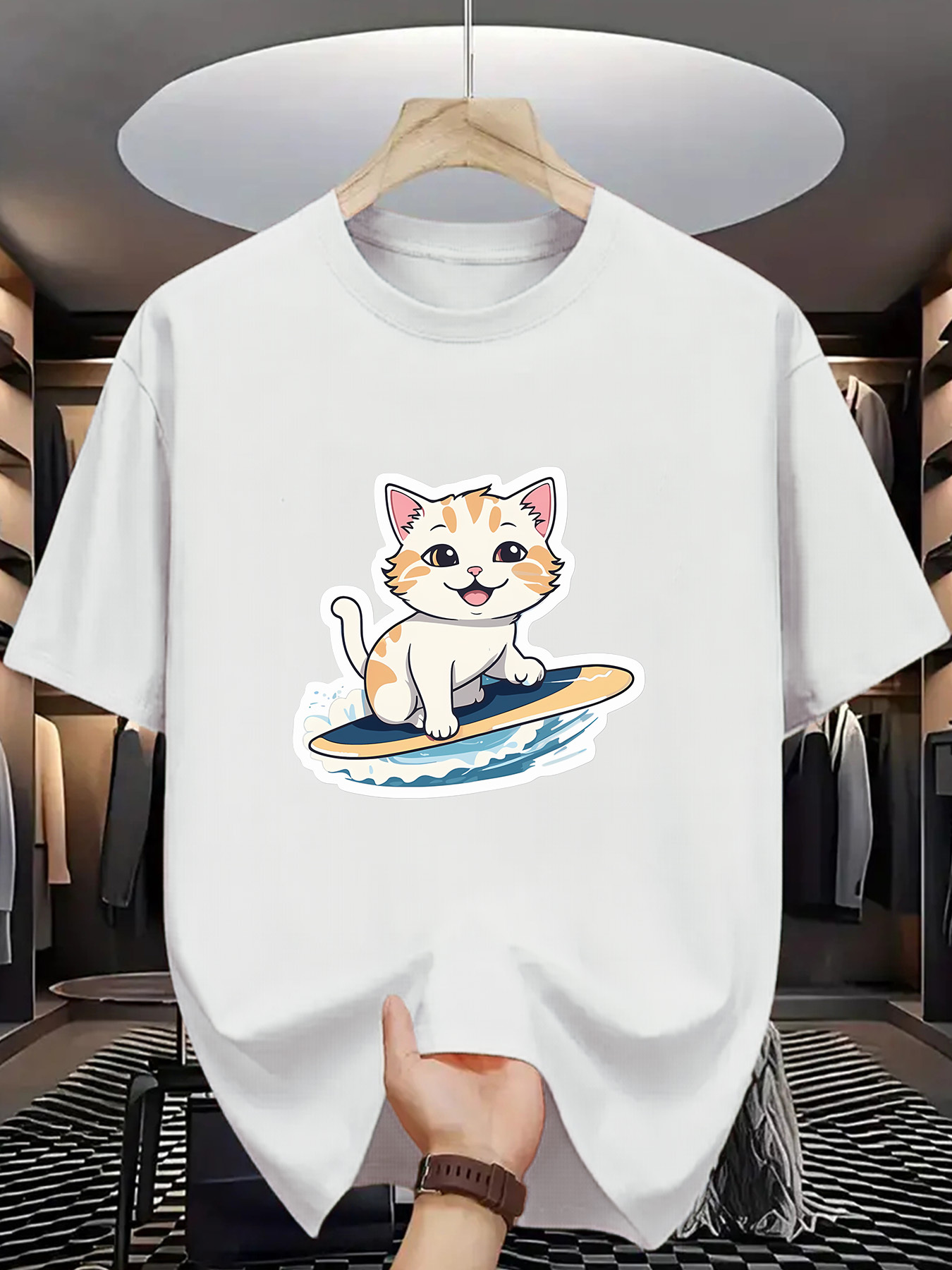 Men's Graphic T-Shirt Adorable Cat With Surfboard On Gentle Ocean Waves Cat