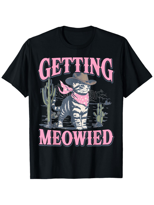 Men's Graphic T-Shirt Getting Meowied Cute Cat With Pink Cowboy Hat Scarf And Desert Cactus Plants