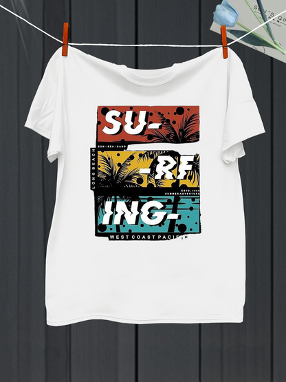 Men's Graphic T-Shirt Surfing With Retro Sunsets And Black Palm Leaves Graphic