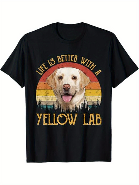 Men's Graphic T-Shirt Life Is Better With A Yellow Lab Smiling Dog Head With Sunset And Pine Forest