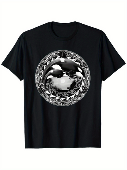 Men's Graphic T-Shirt Dramatic Ocean Waves With Tribal Patterns Encircling A Powerful Orca