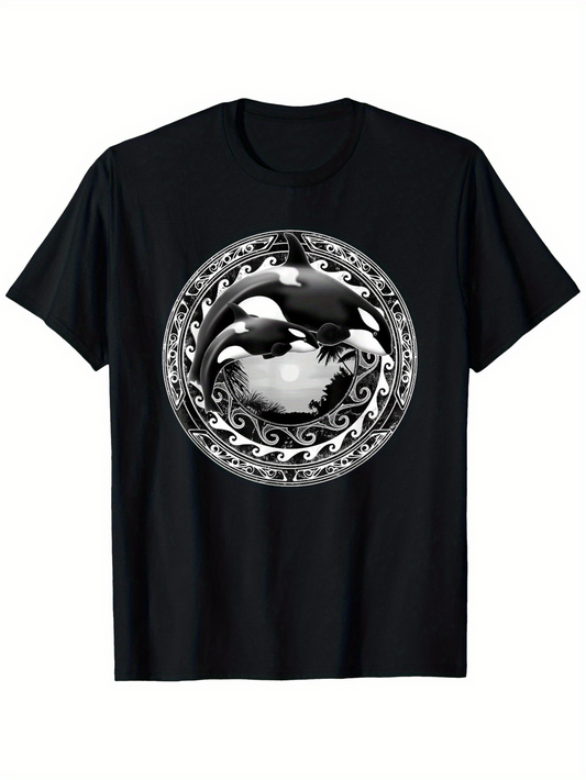 Men's Graphic T-Shirt Dramatic Ocean Waves With Tribal Patterns Encircling A Powerful Orca