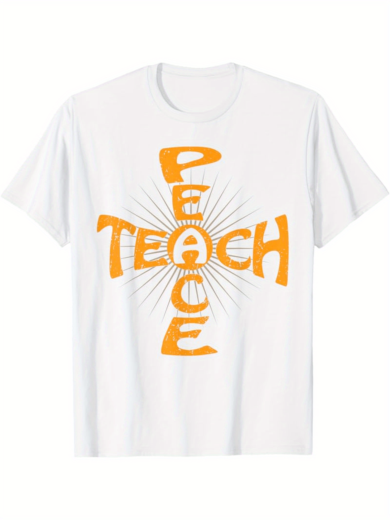 Men's Graphic T-Shirt Teach Peace Retro Yellow Letters Radiating Sunbeams White T Shirt