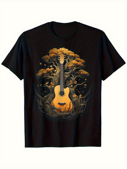 Men's Graphic T-Shirt Golden Autumn Leaves Growing Around Acoustic Guitar