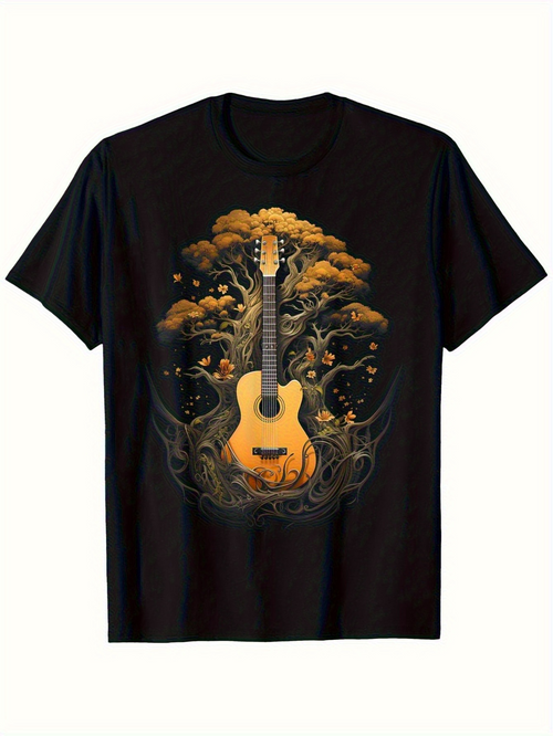 Men's Graphic T-Shirt Golden Autumn Leaves Growing Around Acoustic Guitar