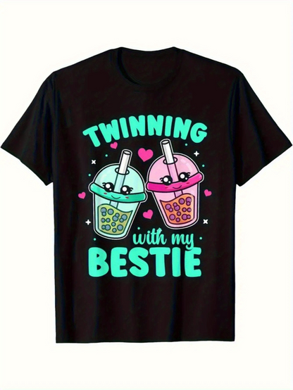 Men's Graphic T-Shirt Twinning With My Bestie Colorful Boba Drinks And Cute Hearts With Smiling Faces