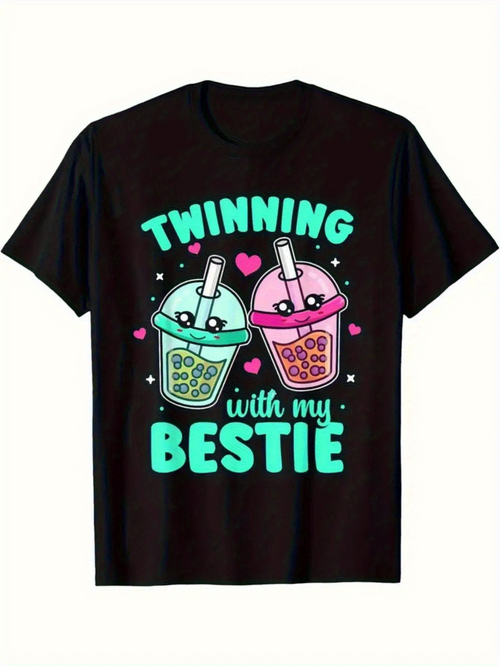 Men's Graphic T-Shirt Twinning With My Bestie Colorful Boba Drinks And Cute Hearts With Smiling Faces