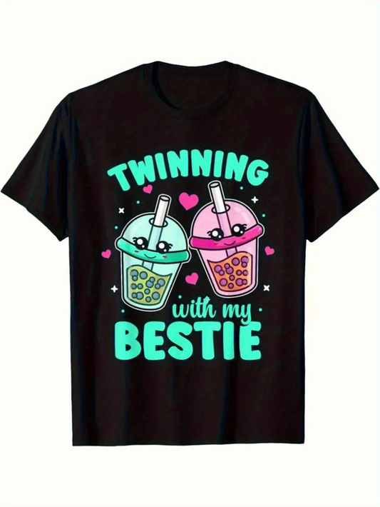 Men's Graphic T-Shirt Twinning With My Bestie Colorful Boba Drinks And Cute Hearts With Smiling Faces