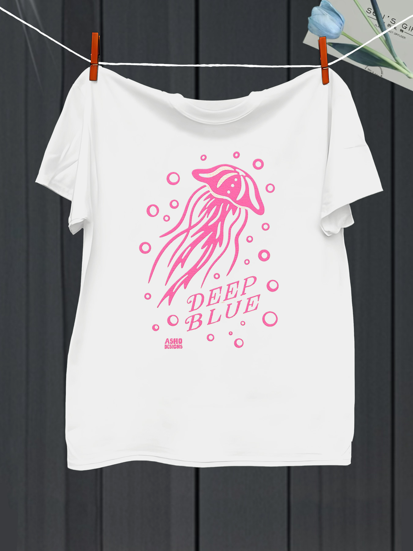 Men's Graphic T-Shirt Deep Blue Pink Bubbles Floating Around A Graceful Jellyfish