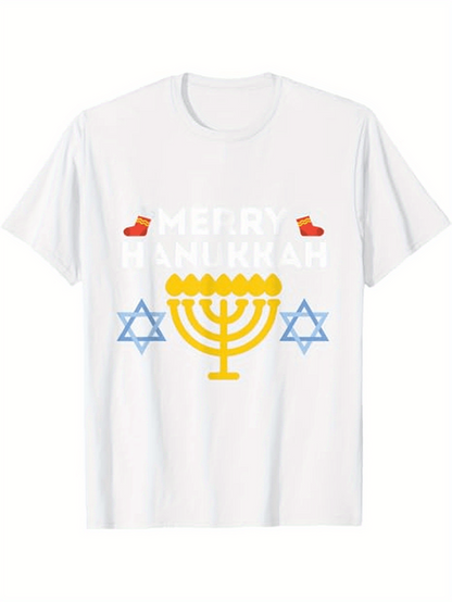Men's Graphic T-Shirt Merry Hanukkah Festive Stars Candles And Holiday Menorah