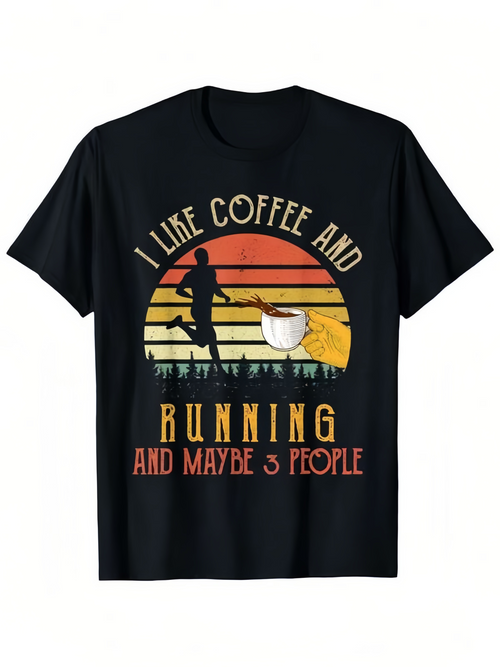 Men's Graphic T-Shirt I Like Coffee And Running Among Retro Sunset With Coffee Mug