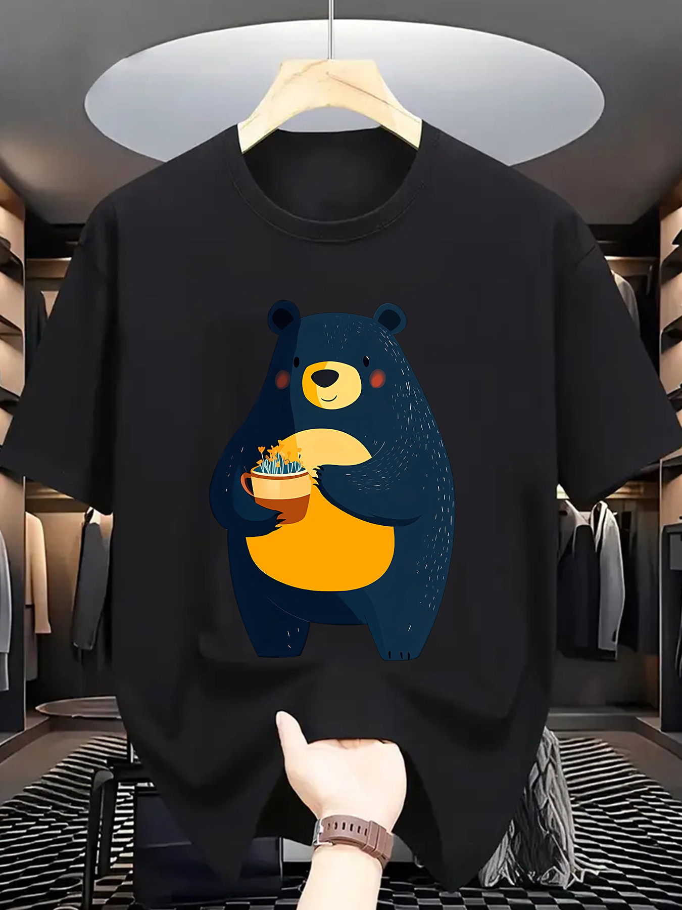Men's Graphic T-Shirt Cute Blue Bear Holding A Bowl Of Ramen Under Soft Lighting Bear