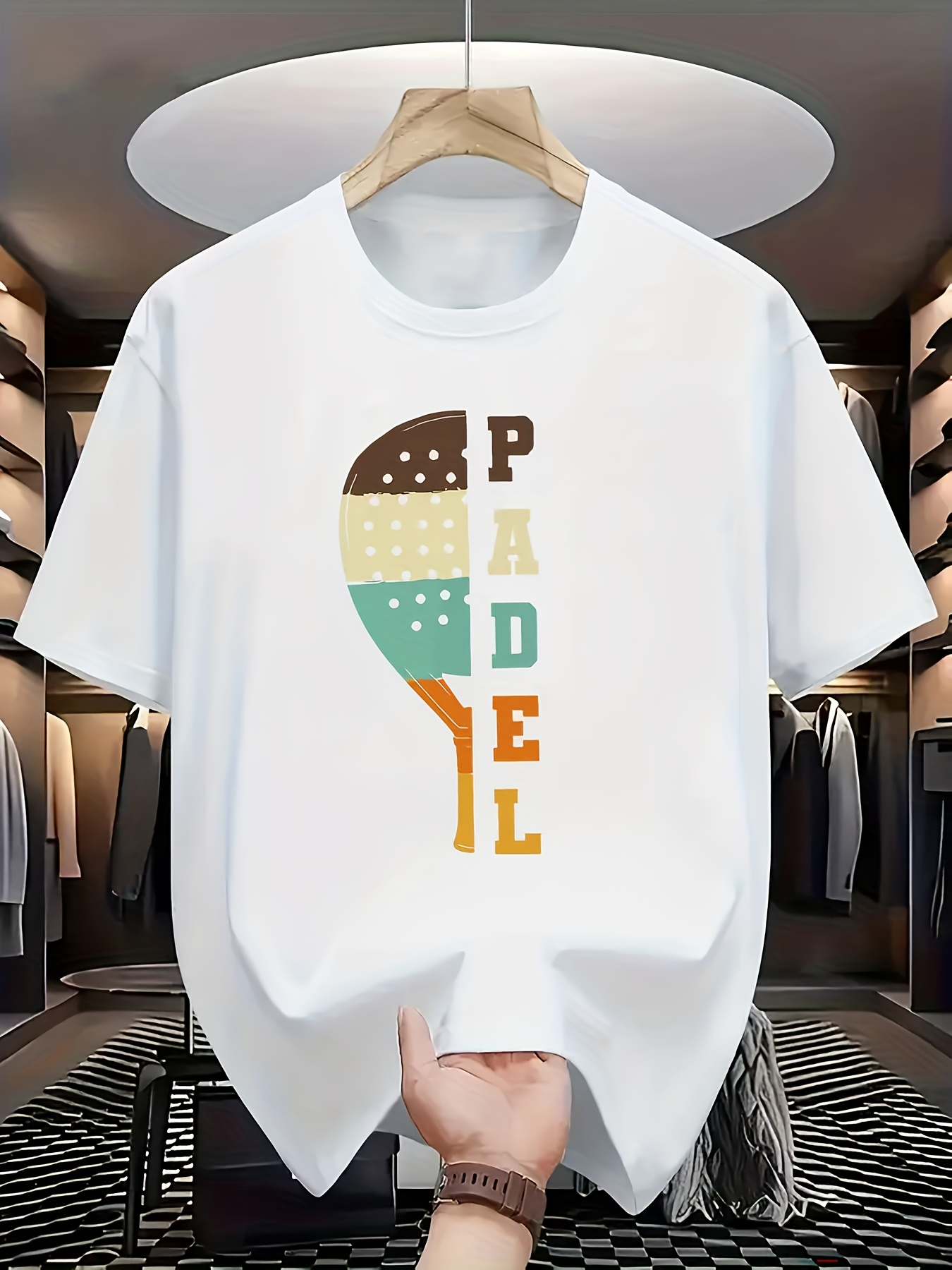 Men's Graphic T-Shirt Retro Color Striped Design With Vertical Lettering Padel Racket