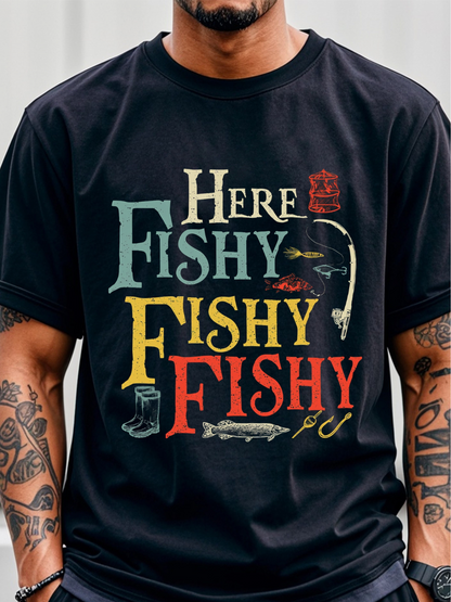 Men's Graphic T-Shirt Here Fishy Fishy Fishy With Fishing Hook Boots Bait And Lure