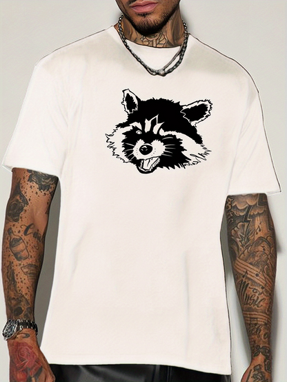 Men's Graphic T-Shirt Playful Ink Style Raccoon Head On Minimalist Cotton T Shirt