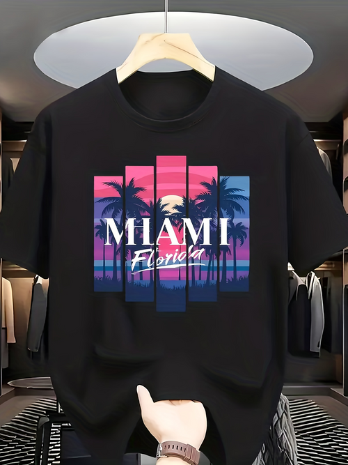 Men's Graphic T-Shirt Miami Florida Palm Trees Over Neon Sunset Sky
