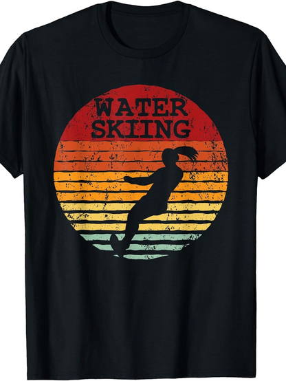 Men's Graphic T-Shirt Water Skiing Silhouette With Retro Stripes At Sunset Over Water
