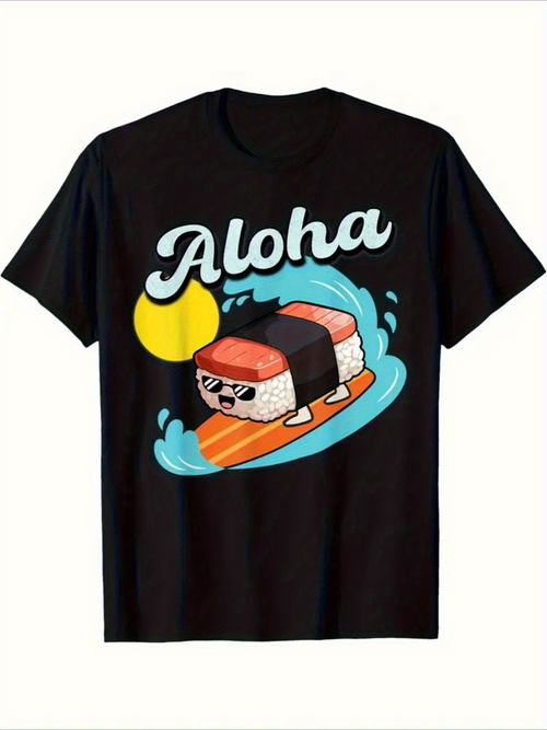 Men's Graphic T-Shirt Aloha Cool Sun Surfing Sushi Under Blue Tropical Wave