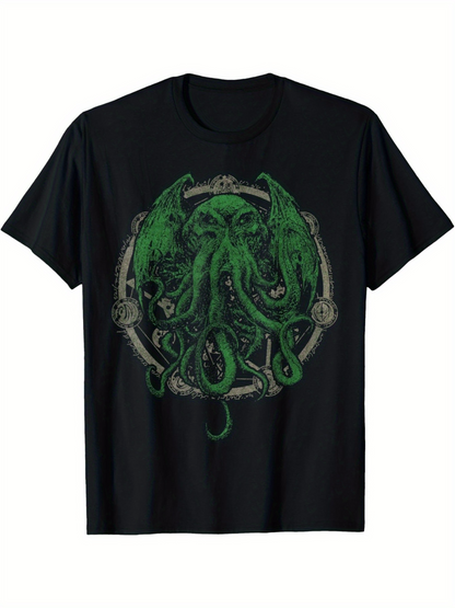 Men's Graphic T-Shirt Ancient Green Tentacles With Gothic Mystical Symbols Among Shadows Cthulhu