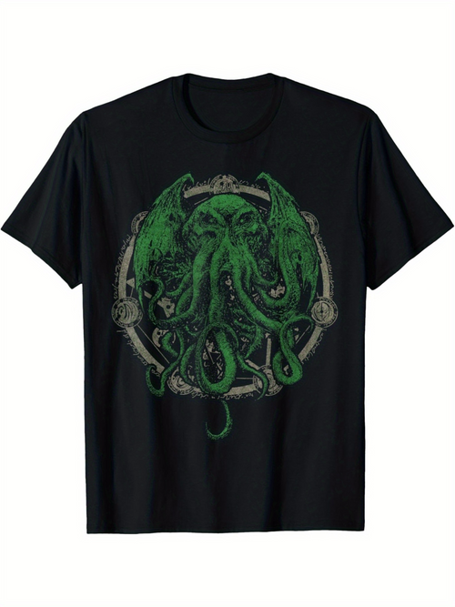 Men's Graphic T-Shirt Ancient Green Tentacles With Gothic Mystical Symbols Among Shadows Cthulhu